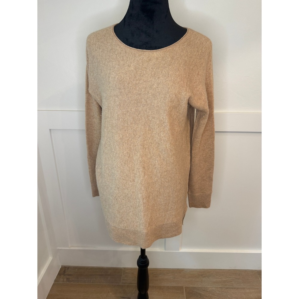 Halogen Cashmere Blend Wool Sweater Dress Tan Camel Crew Neck Long Sleeve M - Picture 2 of 7